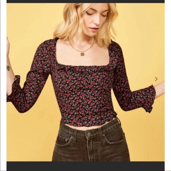 REFORMATION Barb Top in Mabel Black Rose Floral Print - Picture 7 of 11